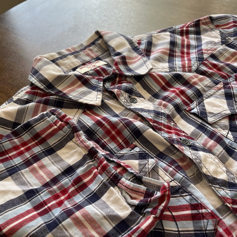 True Religion Plaid Shirt Men's L Western Button Short Sleeve Embroidered
